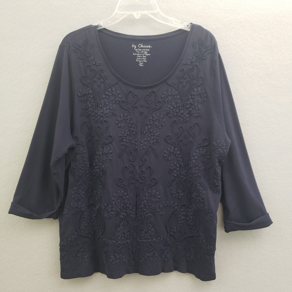 Chico's 3 Knit Top Navy Blue Embroidered 3/4 Sleeve Scoop Neck Coastal Grandma